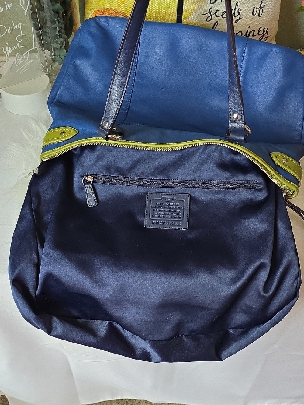 Coach Daisy Spectator Blue Leather Tote with Lime Trim and Navy Blue Handles - Picture 13 of 15